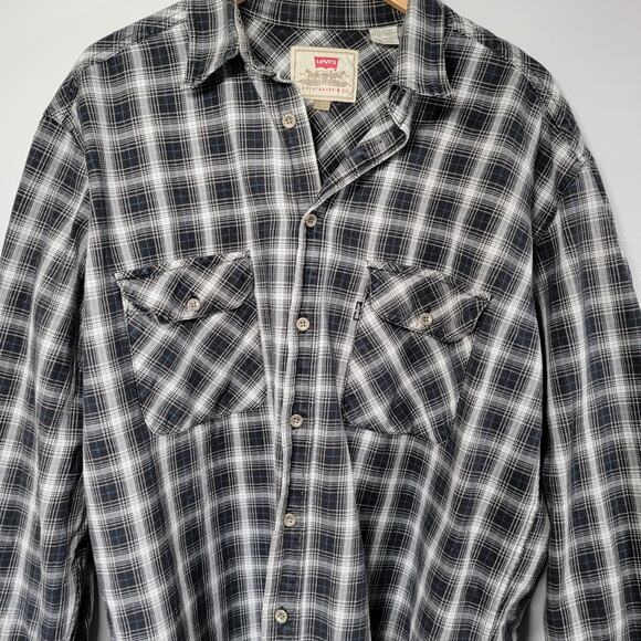 Levis Button Up Heavyweight Shirt Mens L Black White Plaid Rugged Workwear Ranch - Picture 2 of 10